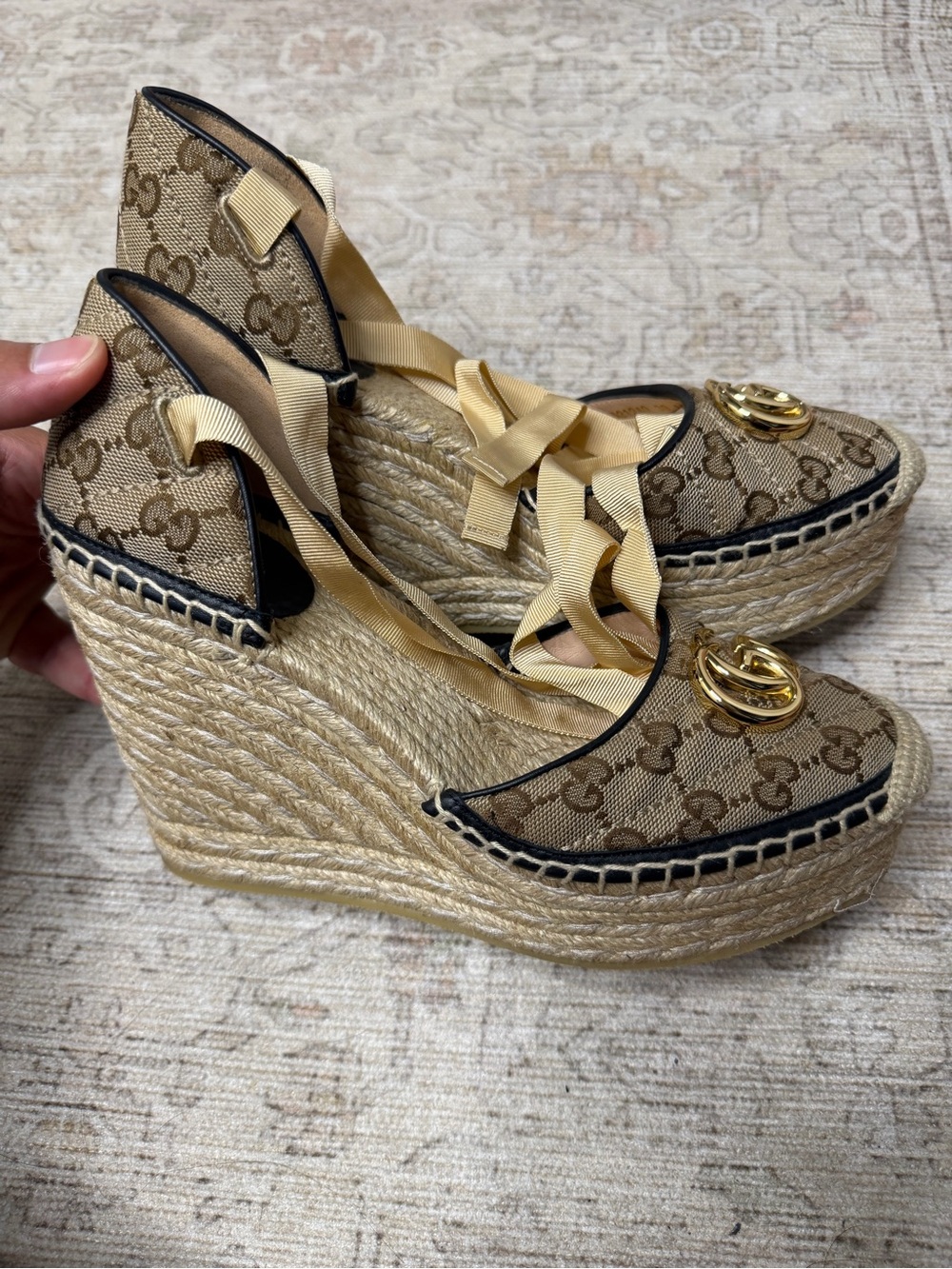 Gucci Brown GG Canvas Espadrille Wedge Sandals with Gold Logo
